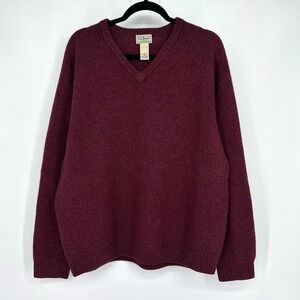 Vntg LL Bean Mens Knit Lambswool V Neck Sweater Burgundy Red L Christmas Holiday